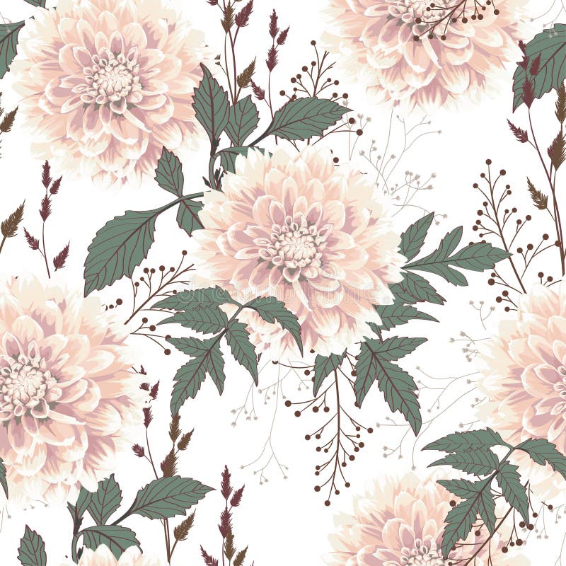 Nahtlose Muster der beigefarbenen Dahlia-Blumen und -Kräuter vektor abbildung