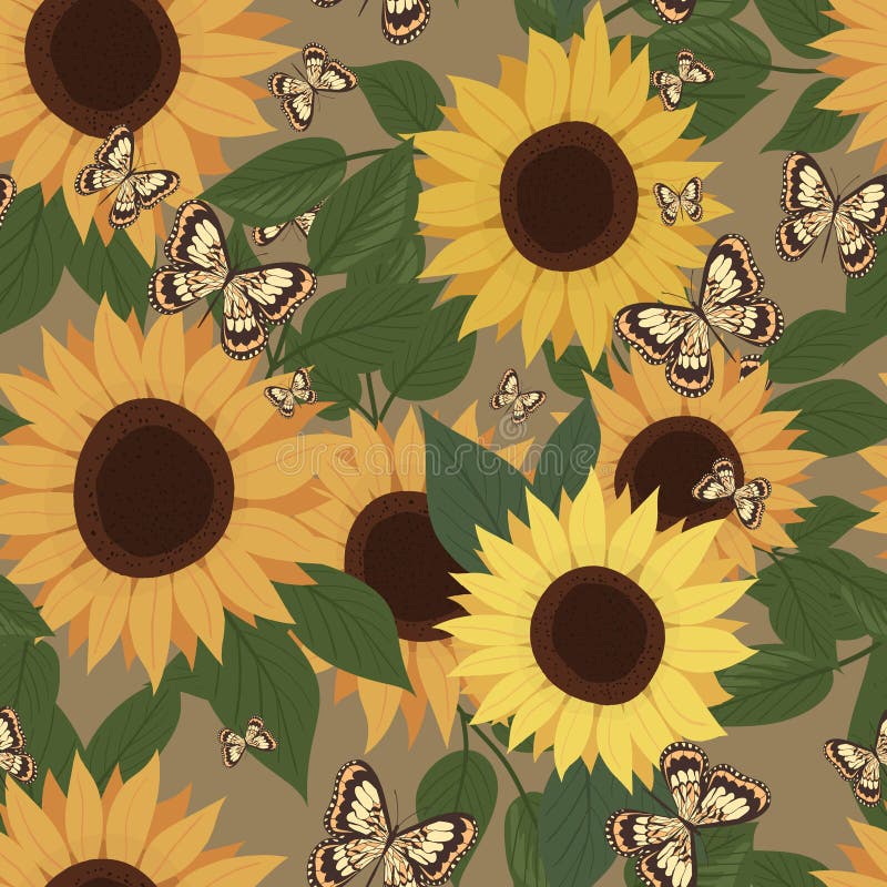 Nahtlose Muster der Sonnenblumen und Schmetterlinge. Sonnenblumenblume und -blätter. botanisches Element. stock abbildung