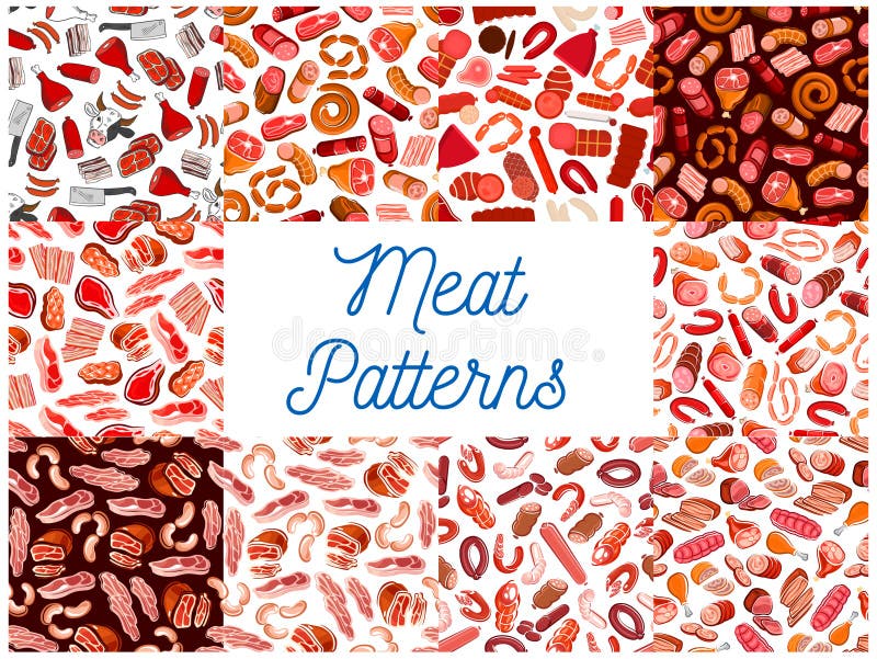 Meat and sausages seamless patterns. Vector pattern of butcher shop products and delicatessen ham, bacon, beefsteak, schnitzel, salami, pepperoni, wurst, meatloaf, jamon, bratwurst cow hatchet. Meat and sausages seamless patterns. Vector pattern of butcher shop products and delicatessen ham, bacon, beefsteak, schnitzel, salami, pepperoni, wurst, meatloaf, jamon, bratwurst cow hatchet