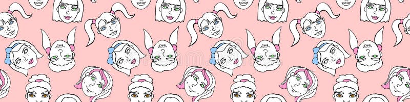 Nahtlose Muster mit Karikaturgesichts-Vektorleuten. Handgezogene Illustration. Farbkopf von Frauenmädchen. Beschaffenheitshintergr stock abbildung