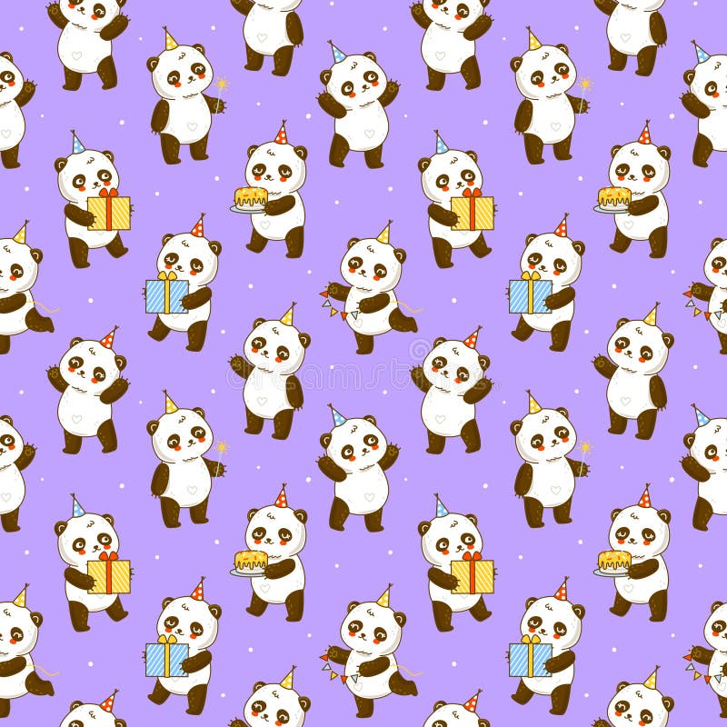 Nahtlose Muster mit niedlichen Panda Bären auf lila Cartoon Hintergrund für glückliche Geburtstag Verpackung Design