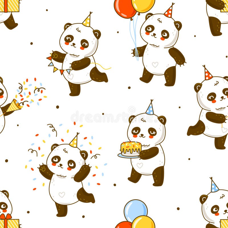 Nahtlose Muster mit niedlichen Panda Bären isoliert auf weißen Cartoon Hintergrund für glückliche Geburtstag Verpackung Design
