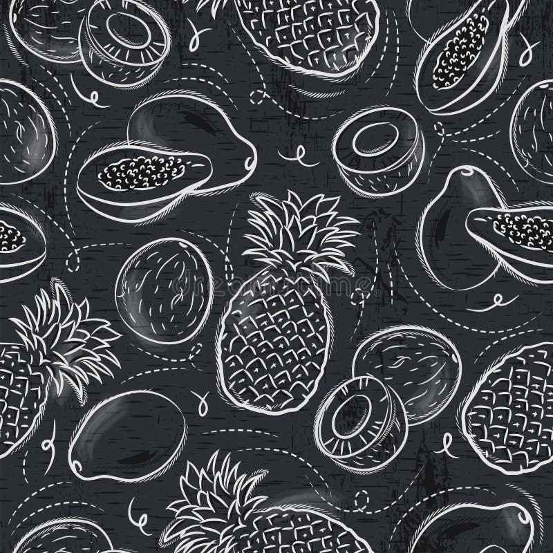 Nahtlose Muster mit Papaya, Kokosnuss und Ananas auf Schmutz b lizenzfreie abbildung Nahtlose Muster mit Papaya, Kokosnuss und Ananas auf Schmutz b lizenzfreie abbildung