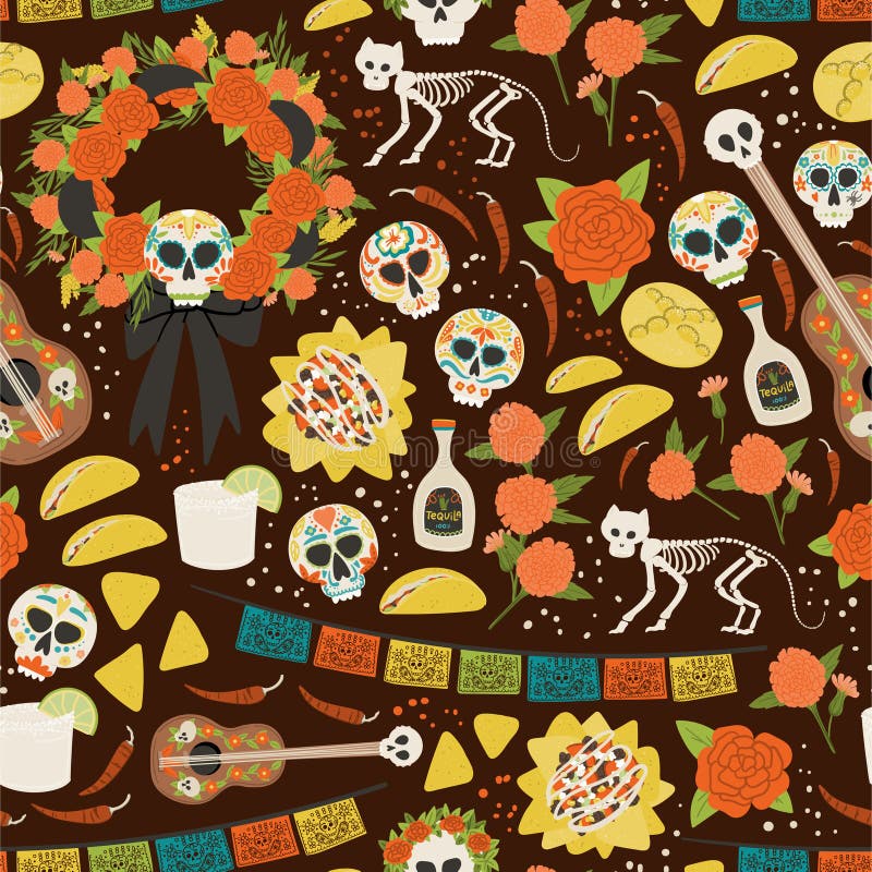 Nahtlose Musterhandgezogener Karikaturartfeiertags-Textilhintergrund Folie De Los Muertoss Schädel Katzenskelett, Kranz Nachos