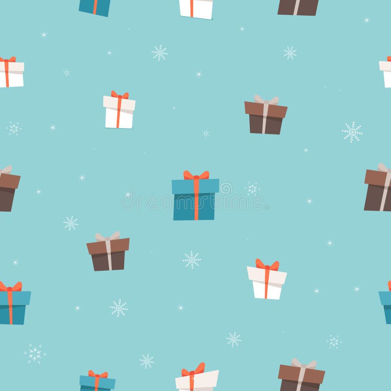 Nahtlose Weihnachtsmuster mit Geschenkschachteln und verschiedenen Schneeflocken auf graublauem Hintergrund. süßer winterlicher Hi vektor abbildung