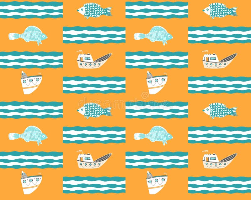 Nahtloser gelber Hintergrund mit Schiffen, Fischen und Wellen stock abbildung Nahtloser gelber Hintergrund mit Schiffen, Fischen und Wellen stock abbildung