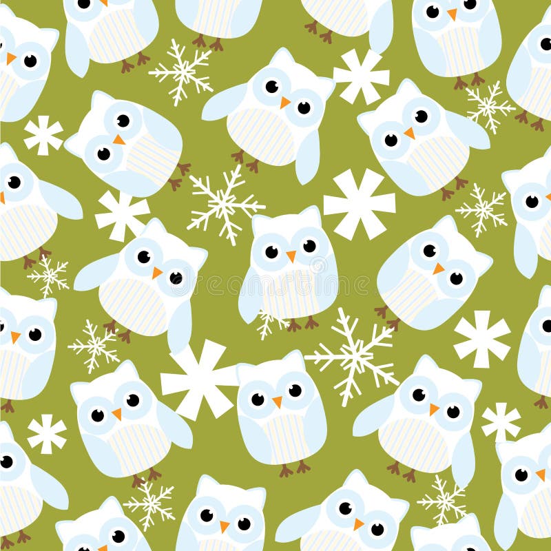 Nahtloser Hintergrund der Weihnachtsillustration mit netten Eulen und Schneeflocken auf grünem Hintergrund lizenzfreie abbildung Nahtloser Hintergrund der Weihnachtsillustration mit netten Eulen und Schneeflocken auf grünem Hintergrund lizenzfreie abbildung
