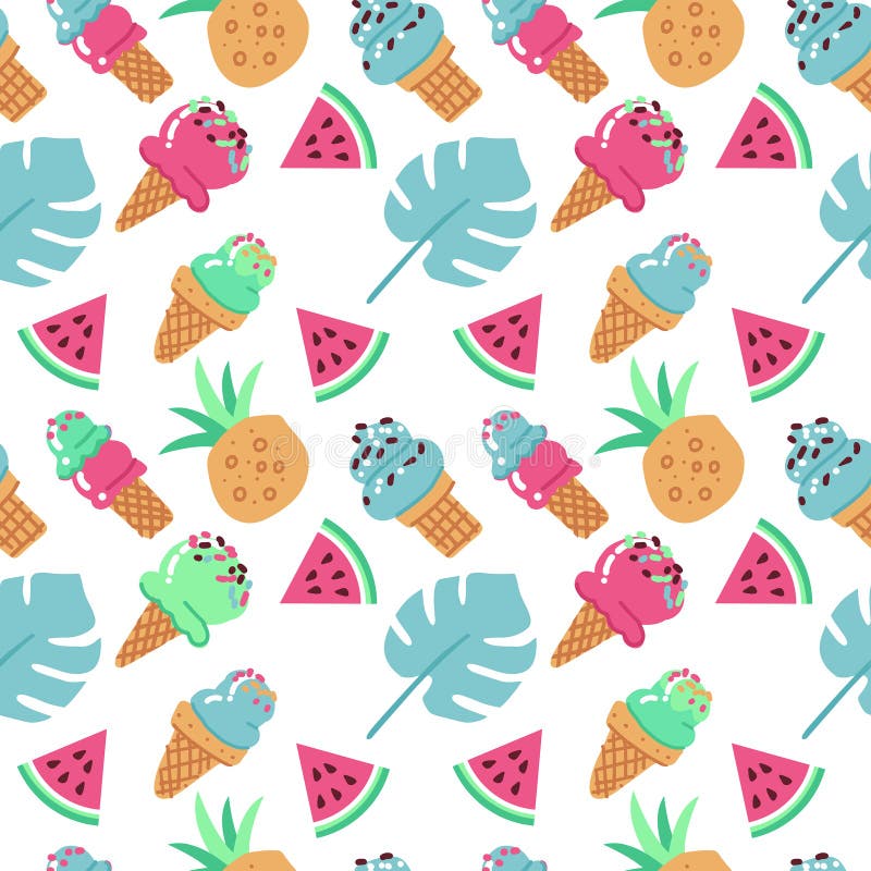 Nahtloser Hintergrund mit Eiscreme, Wassermelone, Ananas und Palmblättern Vektorhandgezogene flache Illustration auf weißem Hinte vektor abbildung Nahtloser Hintergrund mit Eiscreme, Wassermelone, Ananas und Palmblättern Vektorhandgezogene flache Illustration auf weißem Hinte vektor abbildung