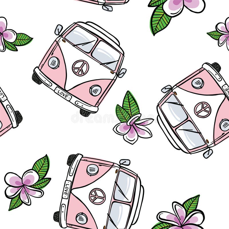 Nahtloser VW Kombi mit Blumen - Pale Pink lizenzfreie abbildung
