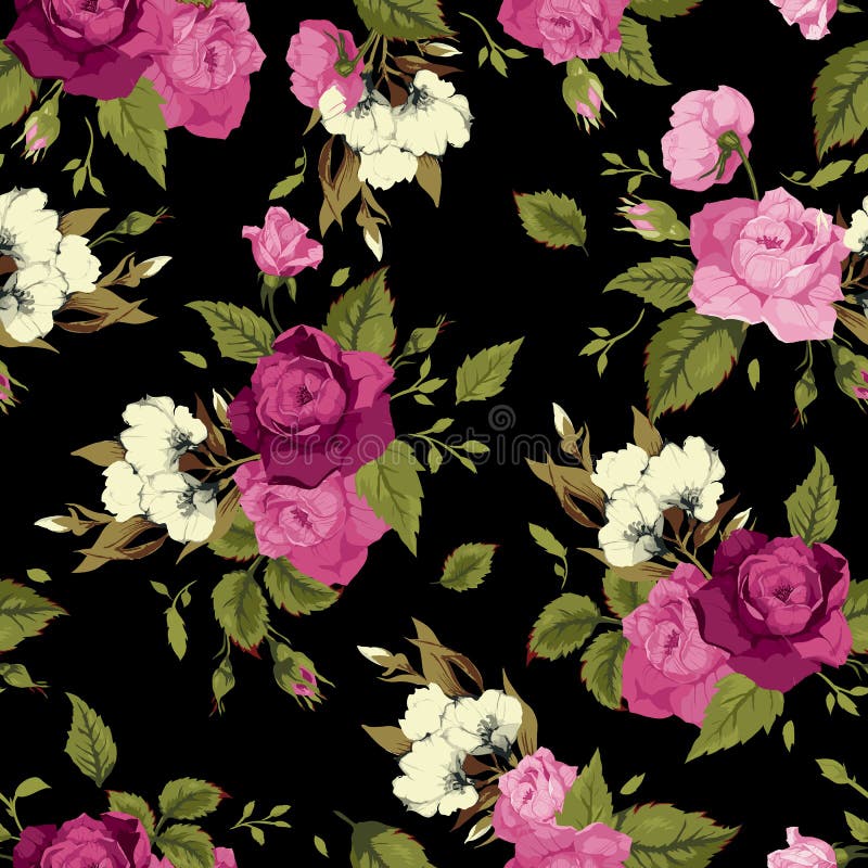 Nahtloses Blumenmuster mit rosa Rosen auf schwarzem Hintergrund vektor abbildung