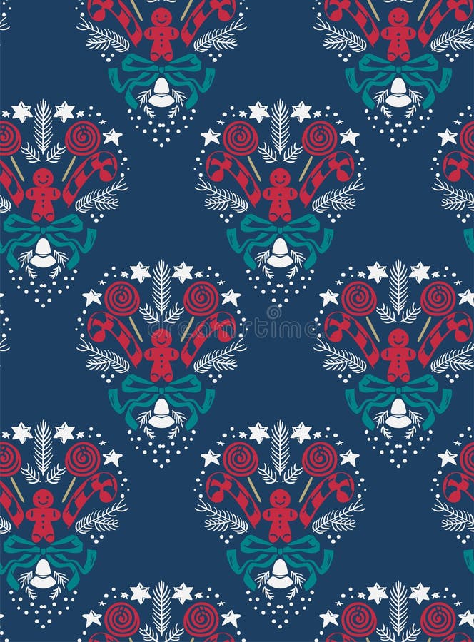Nahtloses dunkelblaues des Weihnachtsvektordamast-Musters vektor abbildung Nahtloses dunkelblaues des Weihnachtsvektordamast-Musters vektor abbildung