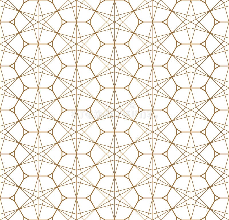 Decorative seamless geometric pattern in Japanese style Kumiko .Gold silhouette lines.For design template,textile,lattice,fabric,wrapping paper,laser cutting and engraving.Hexagon grid. Decorative seamless geometric pattern in Japanese style Kumiko .Gold silhouette lines.For design template,textile,lattice,fabric,wrapping paper,laser cutting and engraving.Hexagon grid