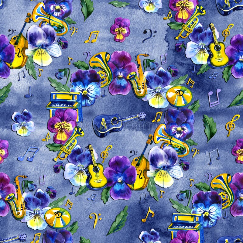 Nahtloses Hintergrundmuster des Sommers mit Stiefmütterchenblumen und musikalischen Elementen lizenzfreies stockfoto