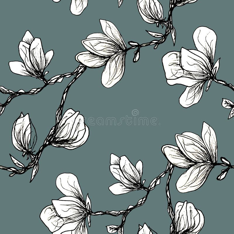Nahtloses mit Blumenmuster Blühende Magnolie auf einem grauen Hintergrund Druck f?r Gewebe und andere Oberfl?chen Technologiehint stock abbildung Nahtloses mit Blumenmuster Blühende Magnolie auf einem grauen Hintergrund Druck f?r Gewebe und andere Oberfl?chen Technologiehint stock abbildung