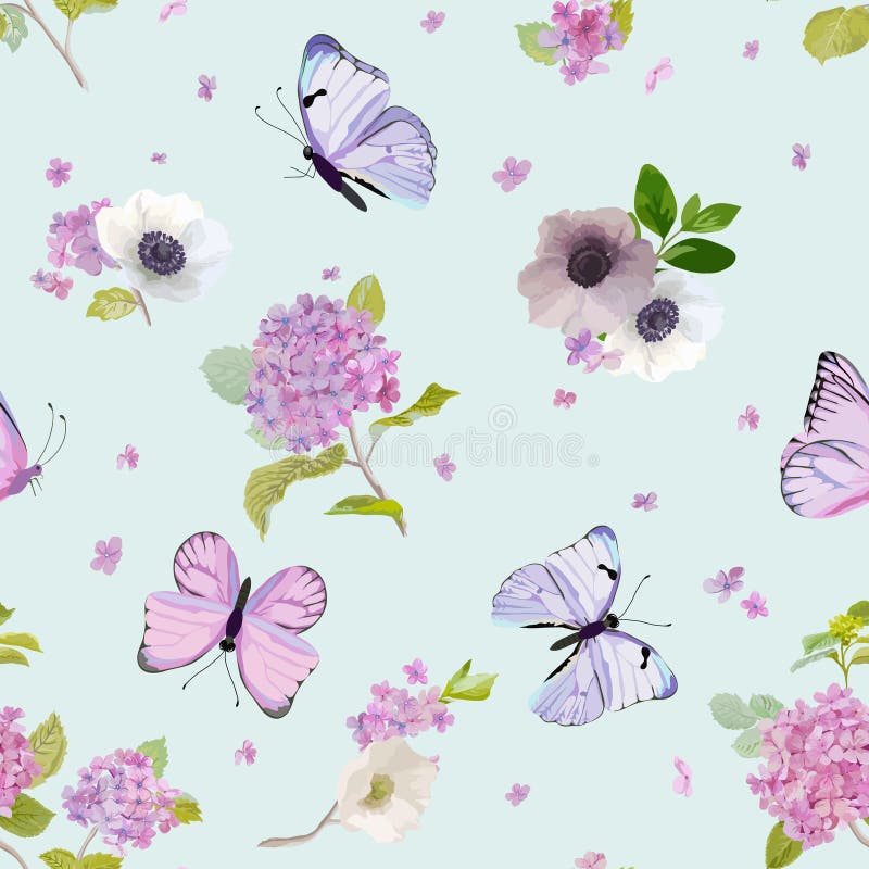 Nahtloses mit Blumenmuster mit blühenden Hortensie-Blumen und fliegenden Schmetterlingen in der Aquarell-Art Schönheit in der Nat vektor abbildung Nahtloses mit Blumenmuster mit blühenden Hortensie-Blumen und fliegenden Schmetterlingen in der Aquarell-Art Schönheit in der Nat vektor abbildung