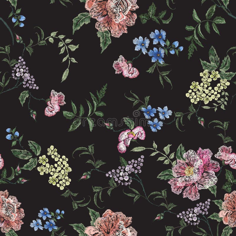 Nahtloses mit Blumenmuster der Stickerei mit rosafarbener Niederlassung, Veilchen stock abbildung Nahtloses mit Blumenmuster der Stickerei mit rosafarbener Niederlassung, Veilchen stock abbildung