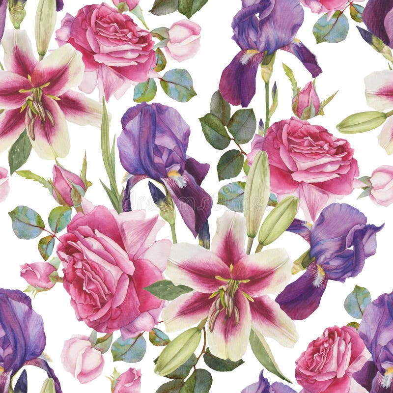 Nahtloses mit Blumenmuster mit Hand gezeichneten Aquarelllilien, -rosen und -iris lizenzfreie abbildung Nahtloses mit Blumenmuster mit Hand gezeichneten Aquarelllilien, -rosen und -iris lizenzfreie abbildung