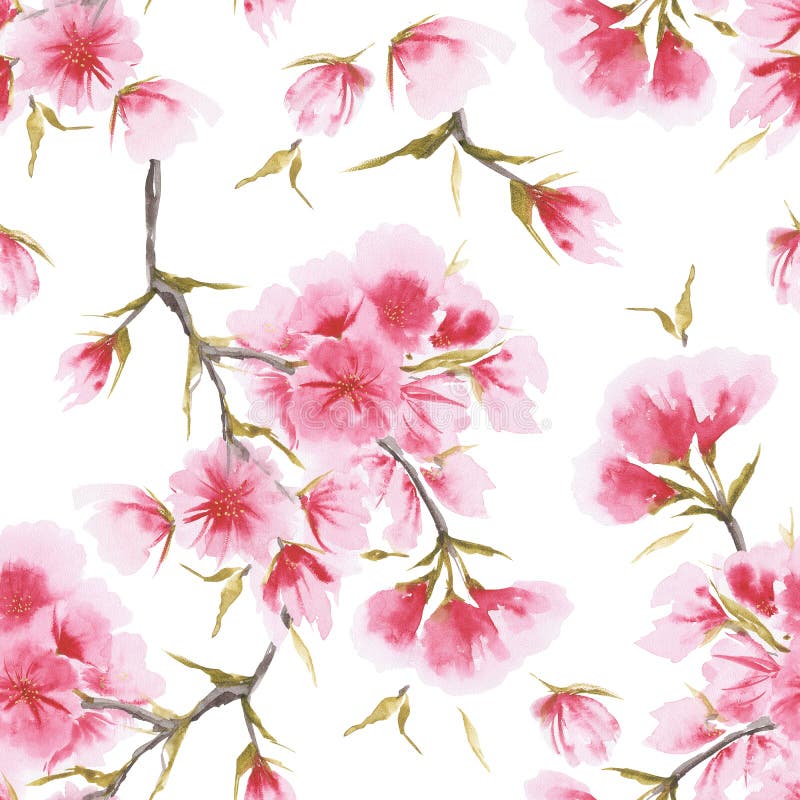 Watercolor cherry blossom in asian one-stroke painting style. Seamless pattern on a white background, path included. Watercolor cherry blossom in asian one-stroke painting style. Seamless pattern on a white background, path included