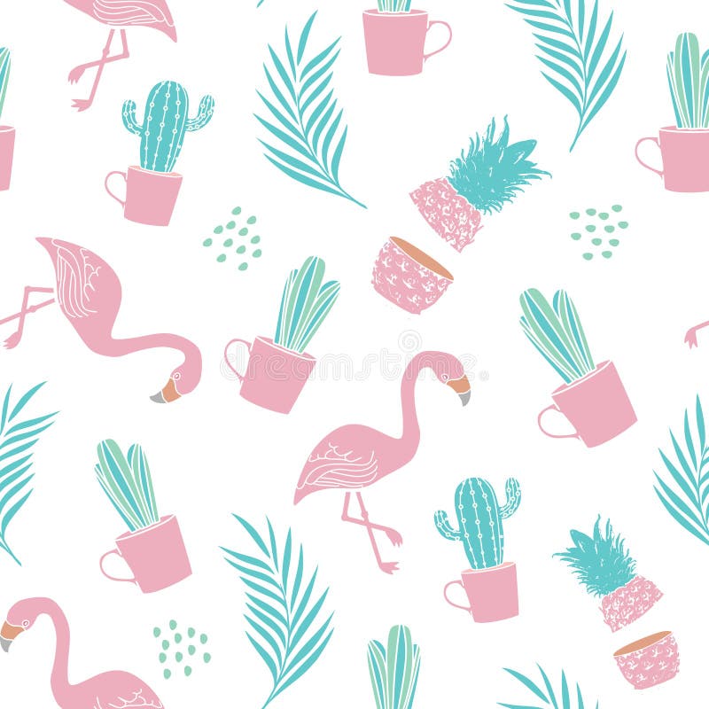 Nahtloses Muster der Mode für Textildruck mit Kaktus, Ananas, Palmblättern und Flamingo modischer Sommerentwurfsvektor stock abbildung Nahtloses Muster der Mode für Textildruck mit Kaktus, Ananas, Palmblättern und Flamingo modischer Sommerentwurfsvektor stock abbildung