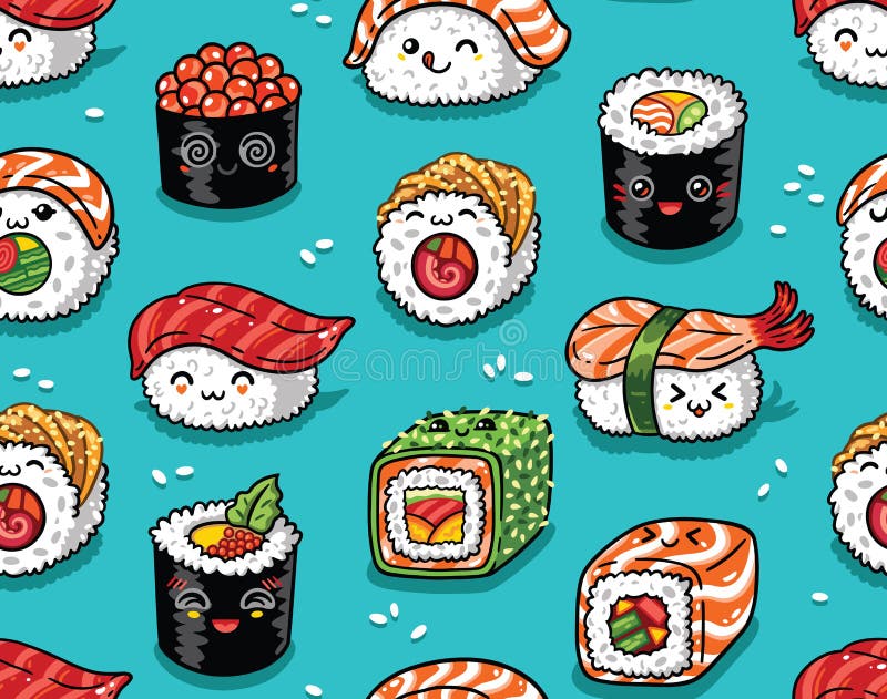 Nahtloses Muster der Sushi und des Sashimis in kawaii Art Auch im corel abgehobenen Betrag vektor abbildung