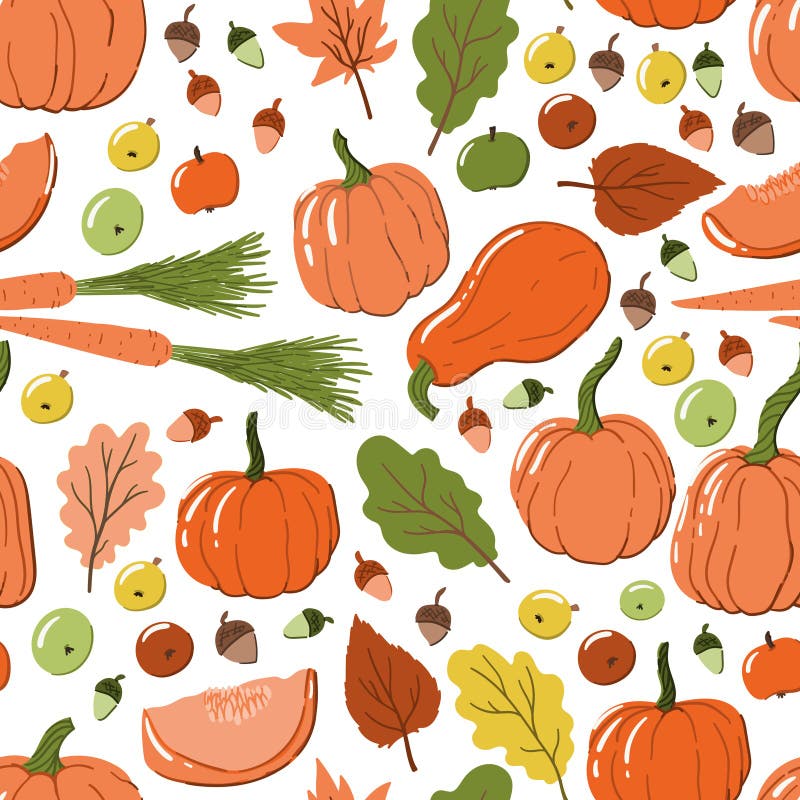 Nahtloses Muster der Thanksgiving mit Kürbisen, Herbstlaub, Zuckerbrot mit Eicheln und Äpfeln Handgezogener Karikatur-Arthintergr