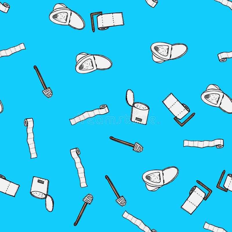 Nahtloses Muster der Toilettenschüssel, des plugner, des Toilettenpapiers, des Eimers und der Toilettenbürstenikonen lokalisiert stock abbildung Nahtloses Muster der Toilettenschüssel, des plugner, des Toilettenpapiers, des Eimers und der Toilettenbürstenikonen lokalisiert stock abbildung