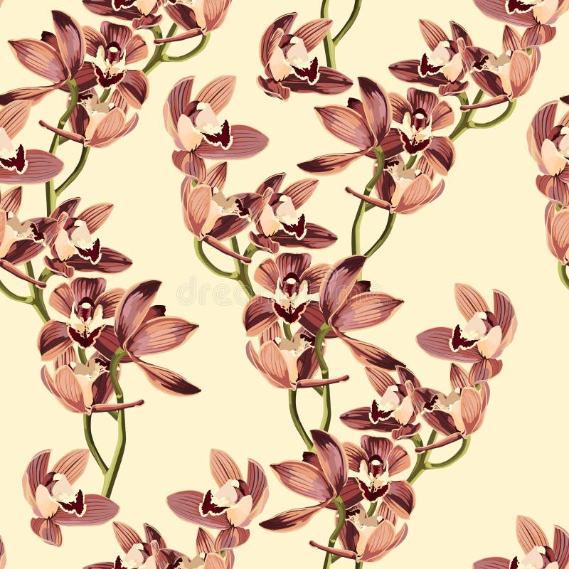 Nahtloses Muster der tropischen beige braunen Orchideen-Blume der Jahrgang, gelber Hintergrund lizenzfreie abbildung