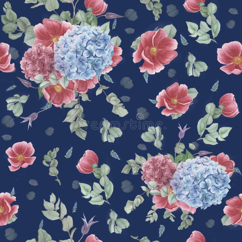 Nahtloses Muster der Weinlese mit rosa Anemonen, Eukalyptus und den blauen und rosa Hortensien vektor abbildung Nahtloses Muster der Weinlese mit rosa Anemonen, Eukalyptus und den blauen und rosa Hortensien vektor abbildung
