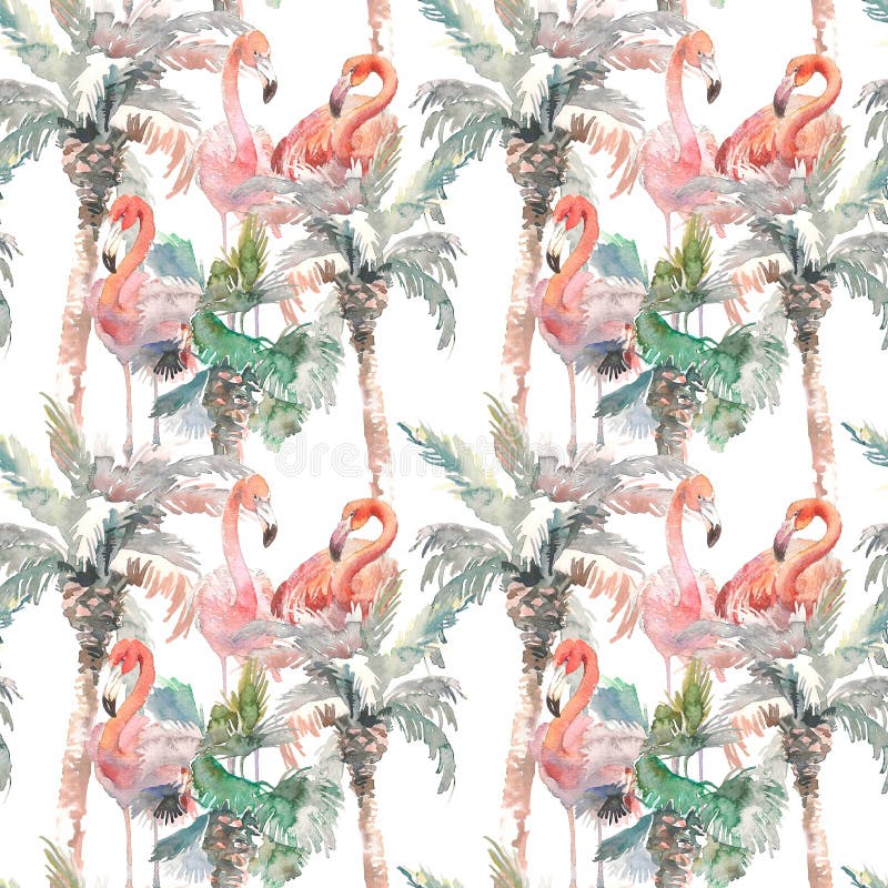 Nahtloses Muster des Aquarells der Palme mit Flamingo auf weißem Hintergrund, Hand gezeichnete Illustration für Ihr Design für vektor abbildung
