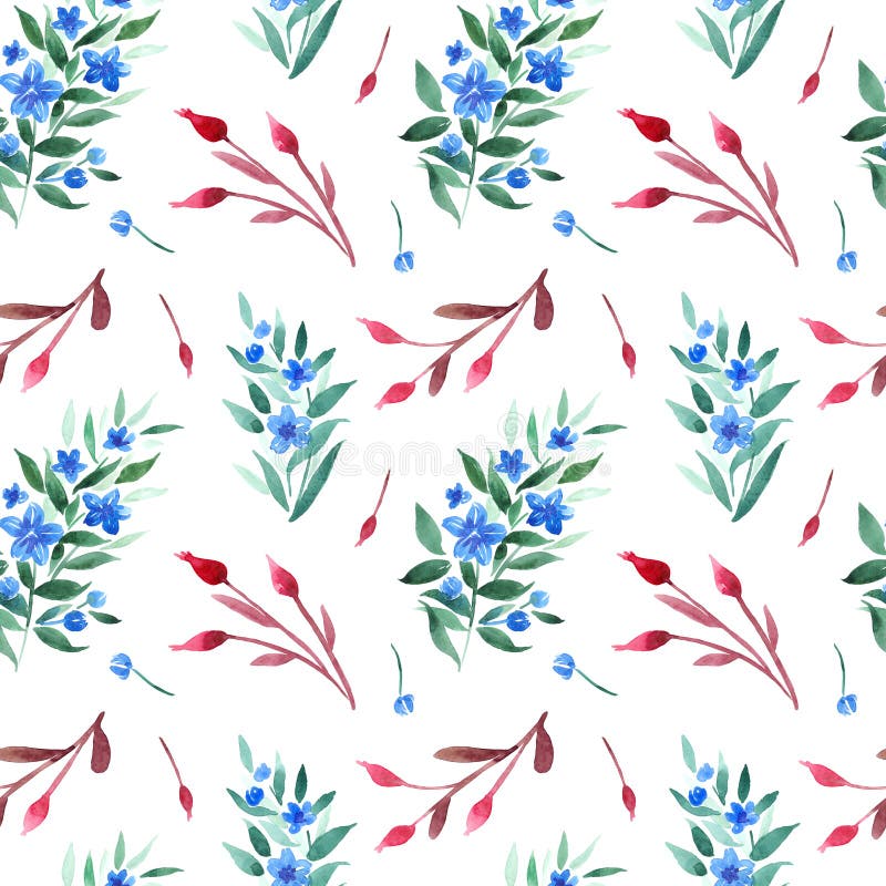 Nahtloses Muster des Aquarells mit Blumenniederlassungen, dogrose Beeren und blauen Blumen lizenzfreie abbildung Nahtloses Muster des Aquarells mit Blumenniederlassungen, dogrose Beeren und blauen Blumen lizenzfreie abbildung