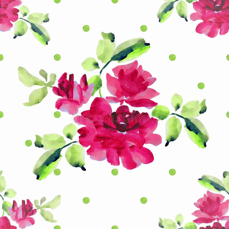 Nahtloses Muster des Aquarells mit Blumensträußen von rosa Rosen und von grüner Polka auf weißem Hintergrund vektor abbildung