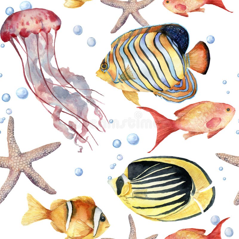 Nahtloses Muster des Aquarells mit Fischen Handgemalte tropische Fische, Starfish, Quallen und Luftblasen marine stock abbildung Nahtloses Muster des Aquarells mit Fischen Handgemalte tropische Fische, Starfish, Quallen und Luftblasen marine stock abbildung
