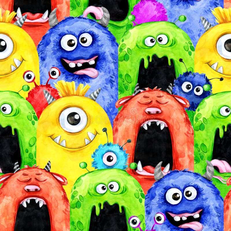 Nahtloses Muster des Aquarells mit lustigen Monsterköpfen lizenzfreie abbildung