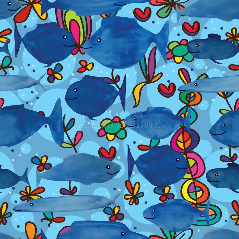 Nahtloses Muster des blauen Fischkarikatur-Aquarells vektor abbildung Nahtloses Muster des blauen Fischkarikatur-Aquarells vektor abbildung