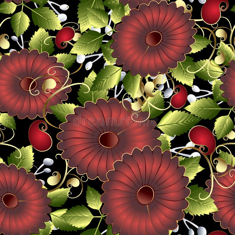 Nahtloses Muster des bunten Blumenvektors 3d Heller dekorativer Sommerhintergrund Rote 3d Blumen, grüne Blätter, Strudel ethnisch stock abbildung Nahtloses Muster des bunten Blumenvektors 3d Heller dekorativer Sommerhintergrund Rote 3d Blumen, grüne Blätter, Strudel ethnisch stock abbildung