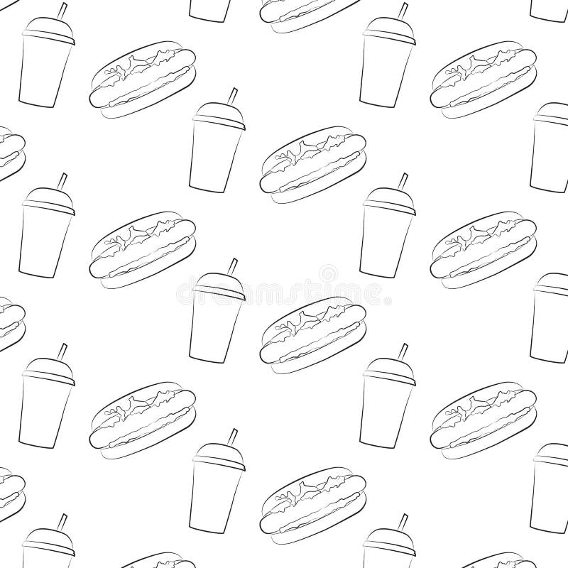 Nahtloses Muster des Hotdogs und der Schale mit einem Stroh stock abbildung Nahtloses Muster des Hotdogs und der Schale mit einem Stroh stock abbildung
