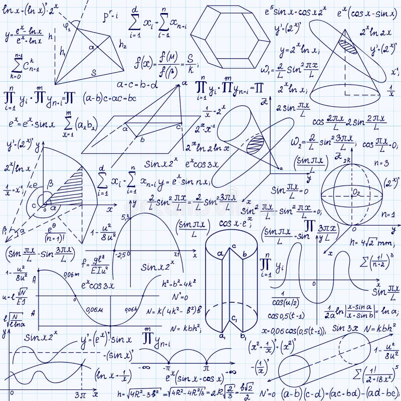 Nahtloses Muster des mathematischen Vektors mit geometrischen Zahlen, Pläne und Gleichungen, handgeschrieben auf dem Gitterschrei lizenzfreie abbildung Nahtloses Muster des mathematischen Vektors mit geometrischen Zahlen, Pläne und Gleichungen, handgeschrieben auf dem Gitterschrei lizenzfreie abbildung