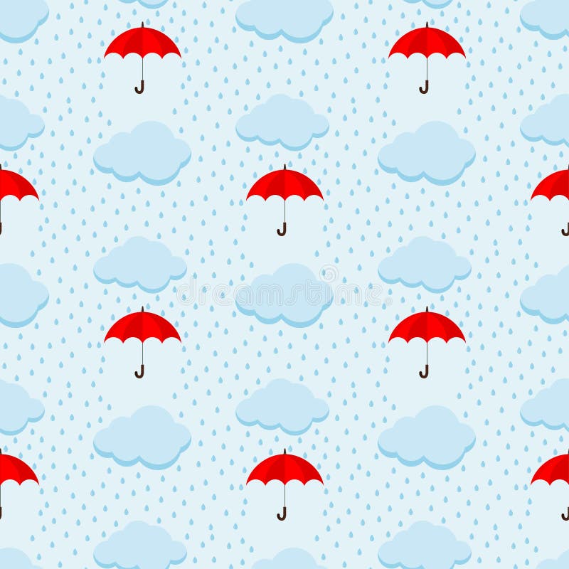 Nahtloses Muster des netten Vektors des Himmels des Sommers regnerischer Tagesmit flaumigen Wolken und rotem Regenschirm auf blau stock abbildung Nahtloses Muster des netten Vektors des Himmels des Sommers regnerischer Tagesmit flaumigen Wolken und rotem Regenschirm auf blau stock abbildung