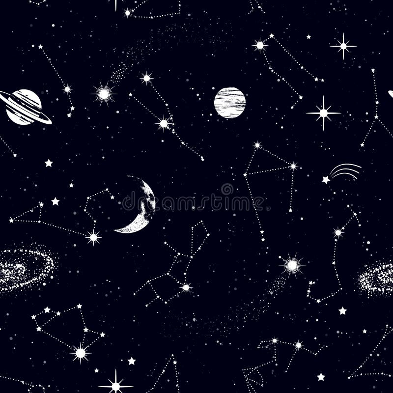 Space seamless pattern with zodiac constellations, galaxy, stars, planets in outer space. Texture for wallpapers, fabric, wrap, web page backgrounds, vector illustration design. Space seamless pattern with zodiac constellations, galaxy, stars, planets in outer space. Texture for wallpapers, fabric, wrap, web page backgrounds, vector illustration design