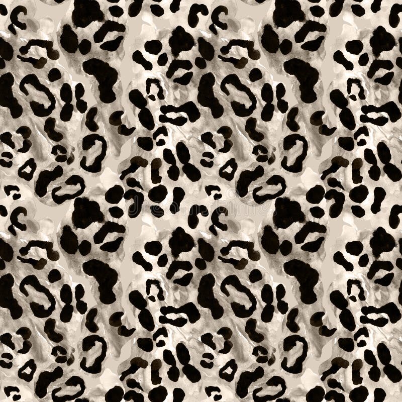 Watercolor snow leopard coat seamless pattern with black spots on gray - brown background. African wild cats fur print. Exotic camouflage repeat texture. For textile, clothes, wallpapers. Watercolor snow leopard coat seamless pattern with black spots on gray - brown background. African wild cats fur print. Exotic camouflage repeat texture. For textile, clothes, wallpapers