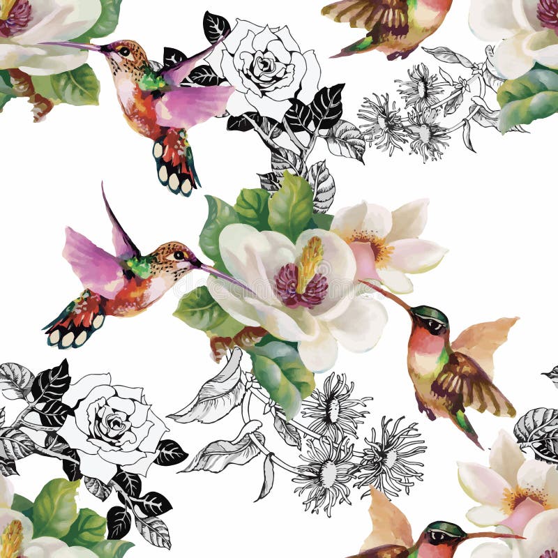 Nahtloses Muster des tropischen Blumenaquarells mit colibris und Blumen Adobe Photoshop für Korrekturen stock abbildung Nahtloses Muster des tropischen Blumenaquarells mit colibris und Blumen Adobe Photoshop für Korrekturen stock abbildung