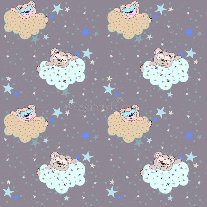 Nahtloses Muster des Vektors mit einer Illustration eines Schlafenbären, -wolken und -sterne lizenzfreie abbildung Nahtloses Muster des Vektors mit einer Illustration eines Schlafenbären, -wolken und -sterne lizenzfreie abbildung