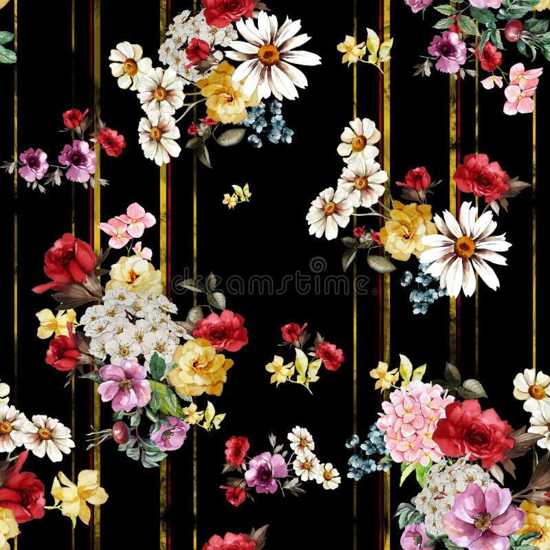 Nahtloses Muster eines schönen Blumenstrauquet mit Linien Nahtlose Aquarellblütengestaltung auf schwarzem Hintergrund für Textild lizenzfreie abbildung Nahtloses Muster eines schönen Blumenstrauquet mit Linien Nahtlose Aquarellblütengestaltung auf schwarzem Hintergrund für Textild lizenzfreie abbildung