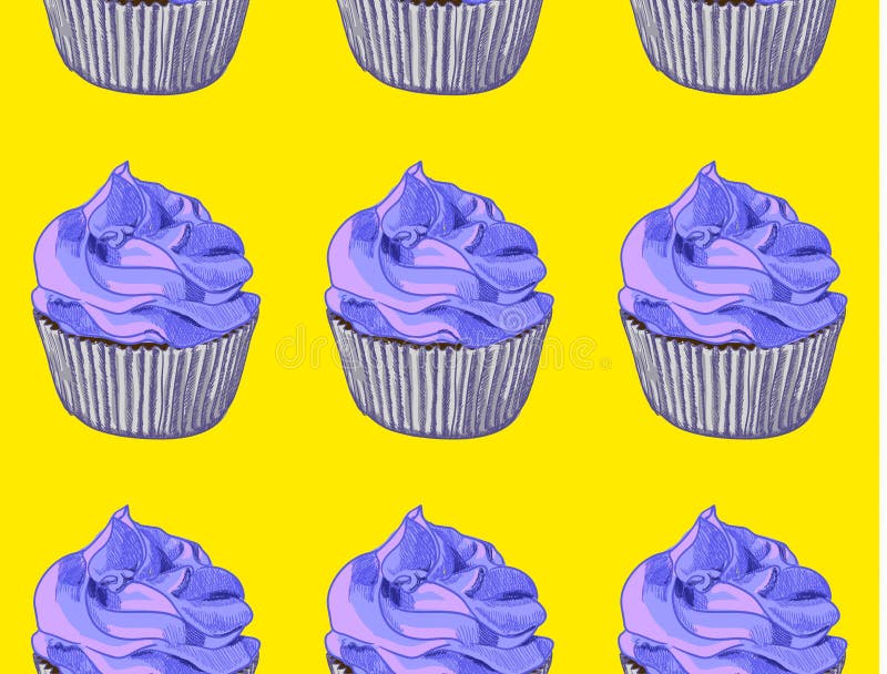 Nahtloses Muster Hand gezeichnete kleine Kuchen auf gelbem Hintergrund Bue-Creme Vektor vektor abbildung Nahtloses Muster Hand gezeichnete kleine Kuchen auf gelbem Hintergrund Bue-Creme Vektor vektor abbildung