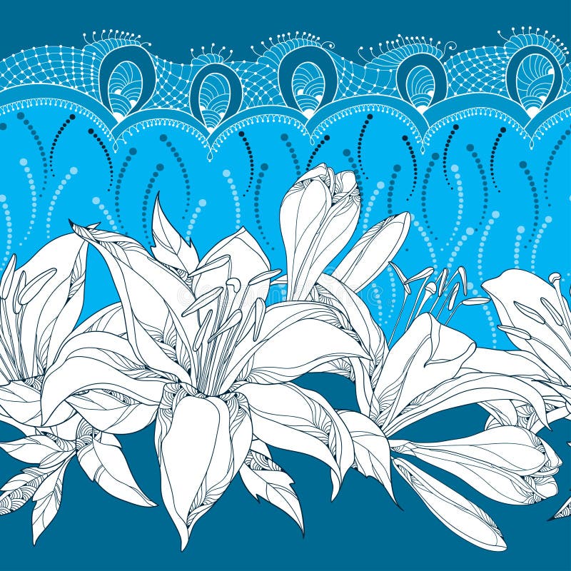 Nahtloses Muster mit aufwändiger Lilienblume im Weiß, in den Knospen, in den Blättern und in der dekorativen Spitze auf dem blaue vektor abbildung Nahtloses Muster mit aufwändiger Lilienblume im Weiß, in den Knospen, in den Blättern und in der dekorativen Spitze auf dem blaue vektor abbildung