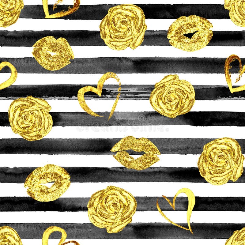 Nahtloses Muster mit den Goldlippen, -rosen und -herzen vektor abbildung Nahtloses Muster mit den Goldlippen, -rosen und -herzen vektor abbildung