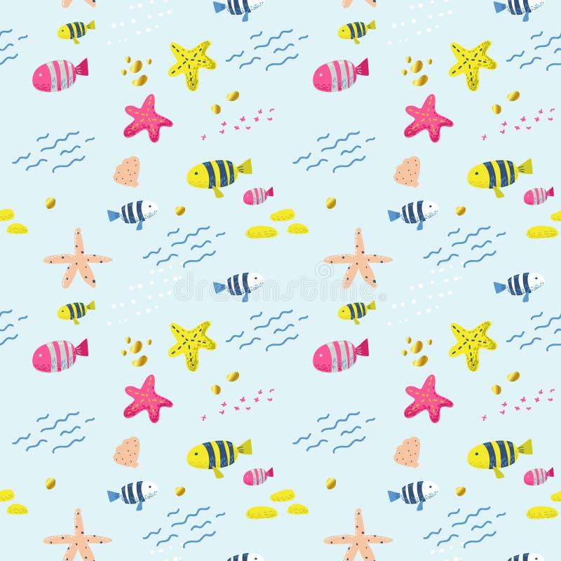 Nahtloses Muster mit Fischen Netter kindischer Hintergrund für Gewebe, Dekor, Tapete, Packpapier Unterwassergeschöpfe vektor abbildung Nahtloses Muster mit Fischen Netter kindischer Hintergrund für Gewebe, Dekor, Tapete, Packpapier Unterwassergeschöpfe vektor abbildung