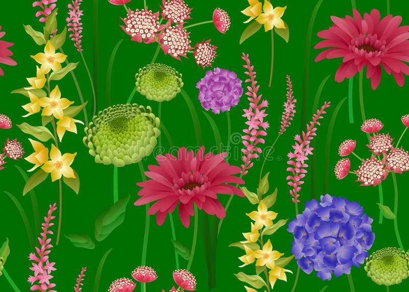 Nahtloses Muster mit Frühlingsblumen auf grünem Hintergrund stock abbildung Nahtloses Muster mit Frühlingsblumen auf grünem Hintergrund stock abbildung