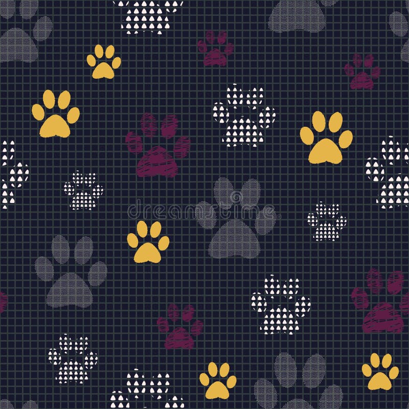 Complex illustration print in yellow, burgundy, white, grey and black. Seamless pattern with cats and dogs paw prints on grid background. Perfect for gifts, wallpaper, fabric and scrapbooking. Complex illustration print in yellow, burgundy, white, grey and black. Seamless pattern with cats and dogs paw prints on grid background. Perfect for gifts, wallpaper, fabric and scrapbooking