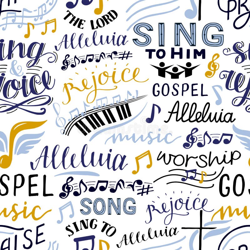 Nahtloses Muster mit handgeschriebenen Worten Singen zum Herrn, Alleluia, Freude, Song, Gospel-Musik